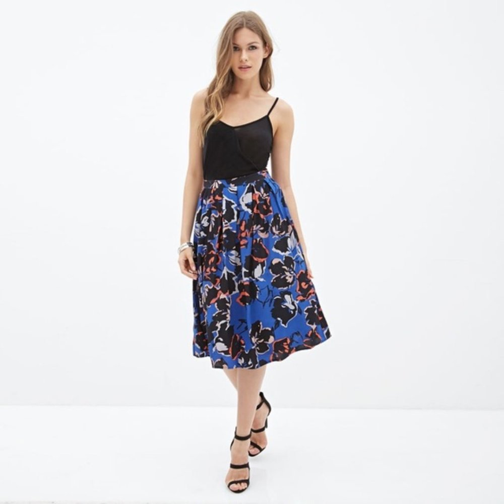 Forever21 Fit & Flare Blue Floral Print Midi Skirt
